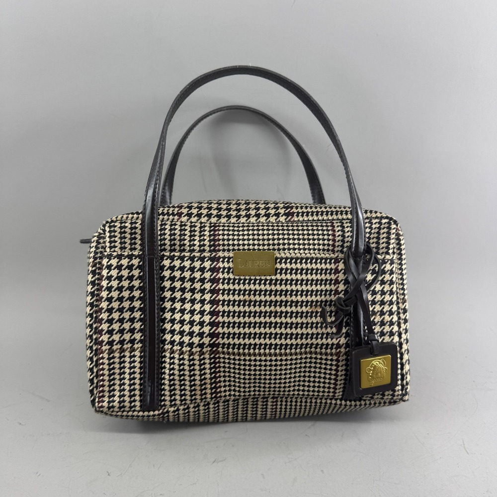 Lauren Ralph Lauren Women Houndstooth Plaid Satchel Handbag Tan Black Small